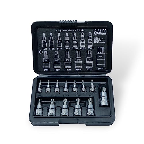 CCLIFE 13tlg Torx Bit Steckschlüsselsatz T8H - T60H bit set fur Drehmomentschlüssel und Bohrer, S2 Legierungsstahl von CCLIFE