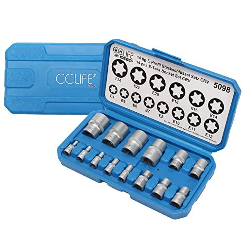 CCLIFE 14tlg Torx Nuss Set E Profil Stecknüsse Steckschlüssel Satz Außentorx E4-E24 1/4 3/8 1/2 Zoll Steckschlüsseleinsätze von CCLIFE