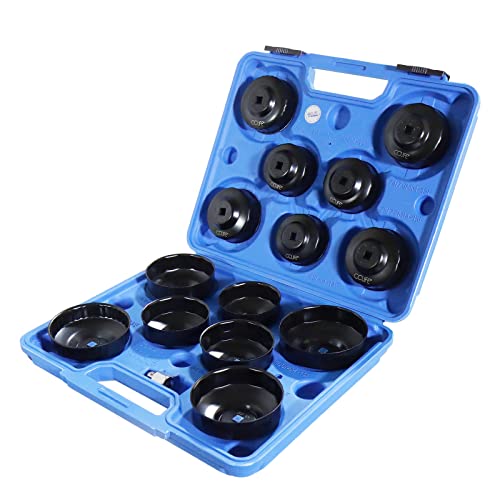 CCLIFE 15-tlg Universal Ölfilter Schlüssel Set aus Stahlblech14 Ölfilterkappen 65-100mm 3/8 & 1/2 Adapter für alle Ölfiltertypen Profi Ölwechsel-Werkzeug von CCLIFE