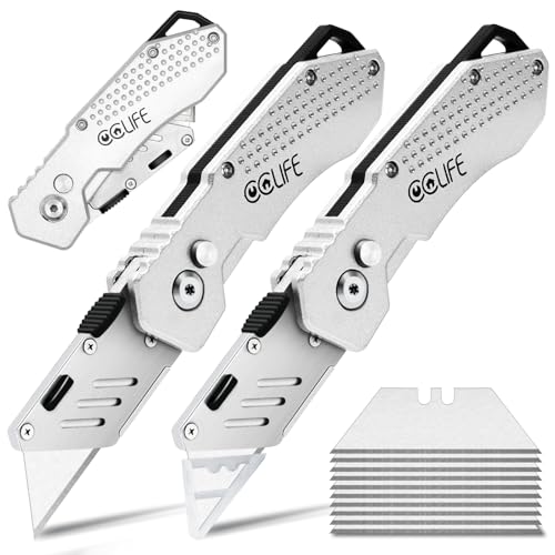 CCLIFE 2 Stück Faltbares Teppichmesser, Klappbares Universalmesser Portabel Cuttermesser mit 10 zusätzlichen SK5 Edelstahlklingen, Gürtelclip und Safety-Lock-Design, Silber von CCLIFE