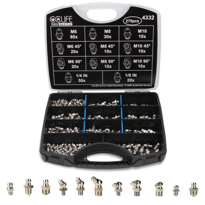 CCLIFE 270Teiliges Schmiernippel Set Verzinkt für Fettpresse M6 M8 M10 Gerade 45 90Grad CCLIFE 270Teiliges Schmiernippel Set Verzinkt für Fettpresse M6 M8 M10 Gerade 45 90Grad von CCLIFE