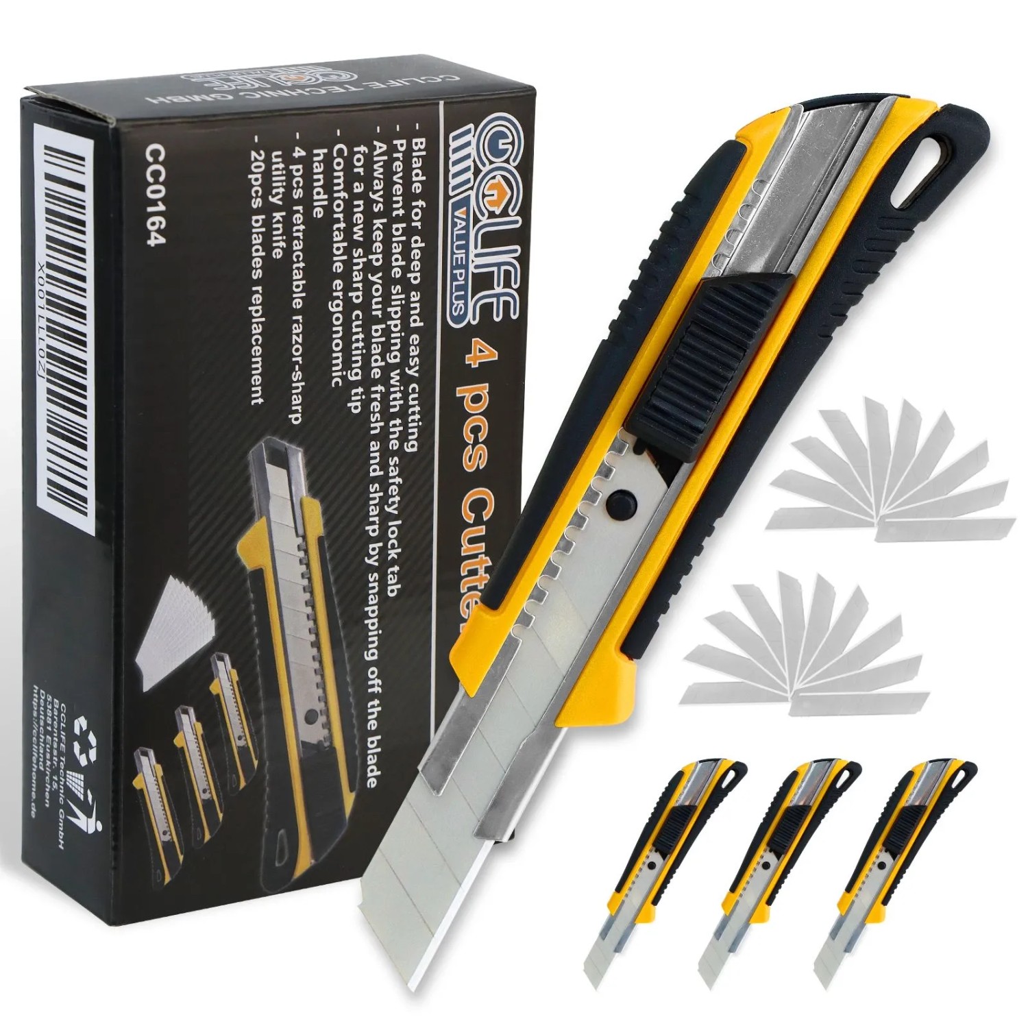 CCLIFE 4 Cuttermesser Set 18mm mit 20 Abbrechklingen Kartonmesser Mehrzweck Teppichmesser mit Sicherheitslock CCLIFE 4 Cuttermesser Set 18mm mit 20 Abbrechklingen Kartonmesser Mehrzweck Teppichmesser mit Sicherheitslock von CCLIFE