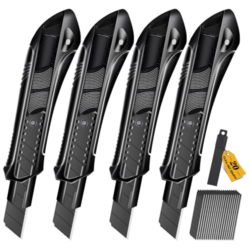 CCLIFE 4 Stück Cuttermesser Set 18mm mit 20 Ersatzklingen Abbrechklingen Kartonmesser Mehrzweck Messer Allzweckmesser Teppichmesser mit Sicherheitslock, schwarz CCLIFE 4 Stück Cuttermesser Set 18mm mit 20 Ersatzklingen Abbrechklingen Kartonmesser Mehrzweck Messer Allzweckmesser Teppichmesser mit Sicherheitslock, schwarz von CCLIFE