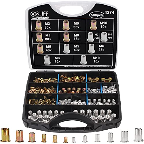 CCLIFE 500tlg Nietmuttern Sortiment M3 M4 M5 M6 M8 M10 Flachkopf Gewindenieten Blindnietmuttern Einnietmutter Alu & Verzinkt Stahl Rivet Nuts von CCLIFE