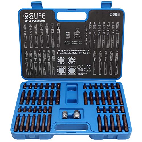 CCLIFE 54tlg XZN Vielzahn Torx Sechskant Steckschlüssel Nuss 1/2" 3/8" Satz S2 Bit Einsatz Set | H4-H12 M5-M12 T20-T55 von CCLIFE