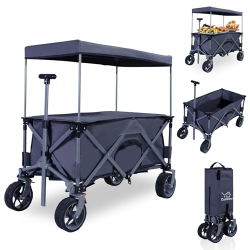 CCLIFE Bollerwagen Faltbar Kinder mit Dach und Tischplatte bis 80kg Belastbar Breite Reifen Handwagen Klappbar - Countryrider Grau von CCLIFE