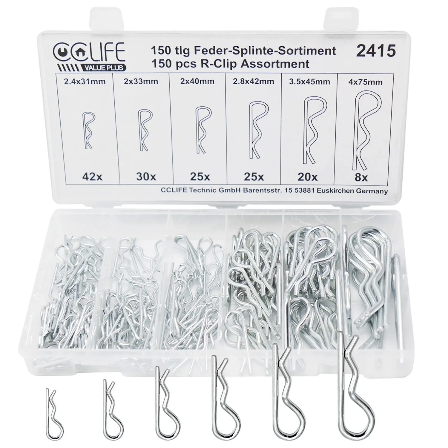 CCLIFE Federsplint Sortiment 150 tlg Edelstahl 2-4 mm R Clip Sicherungsstecker von CCLIFE