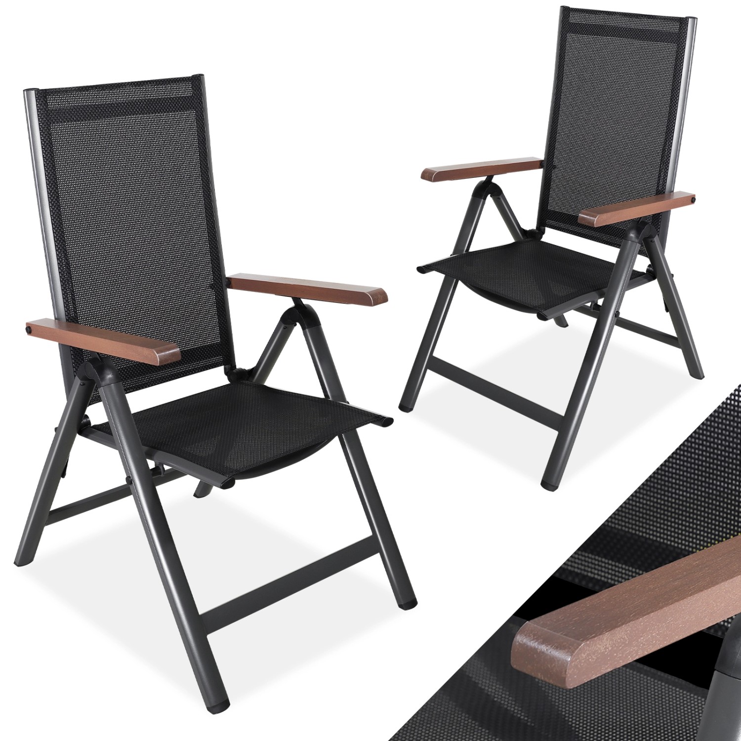 CCLIFE Gartenstühle Alu 2er Set Gartenstuhl Hochlehner Klappbar  Balkonstühle 7-Fach Verstellbar bis 150kg Dunkelgrau Modell Holzmaserung RelaxPro von CCLIFE