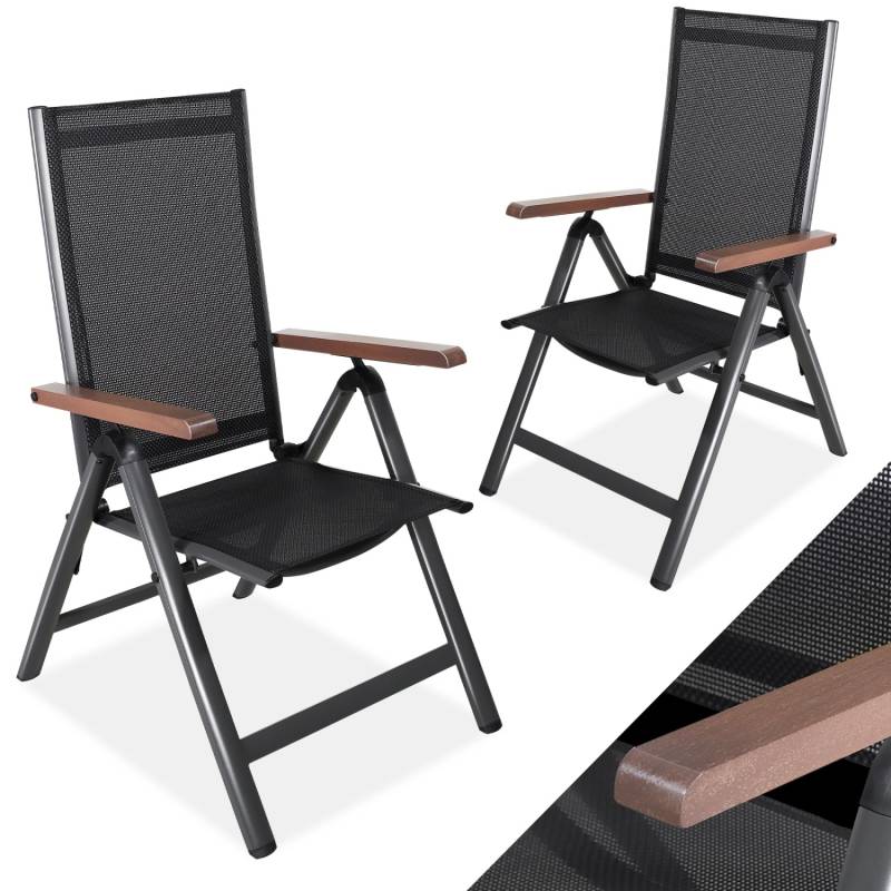 CCLIFE Gartenstühle Alu 2er Set Gartenstuhl Hochlehner Klappbar  Balkonstühle 7-Fach Verstellbar bis 150kg Dunkelgrau Modell Holzmaserung RelaxPro von CCLIFE