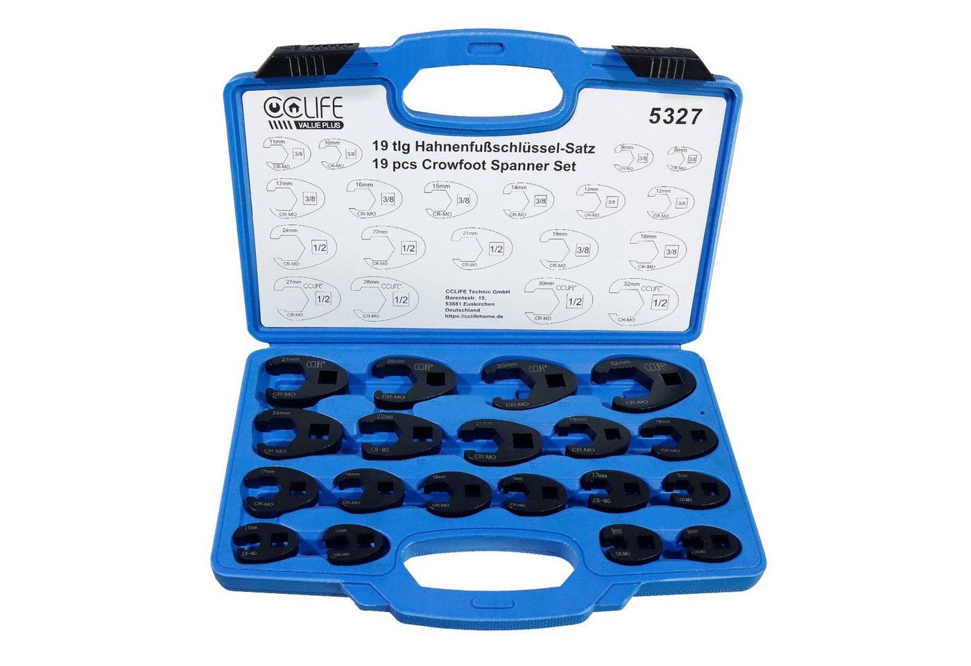 CCLIFE Maulschlüssel 19tlg Hahnenfußschlüssel Steckschlüssel 1/2" 3/8" 8-32mm (19 St) von CCLIFE