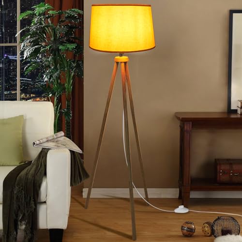 CCLIFE Modern Stehlampe LED Holz Standleuchte Stehleuchte Stoffschirm Schwenkbar E27 für Schlafzimmer Esszimmer Hotel Flur Halle, Farbe:Beige-Lampeschirm von CCLIFE