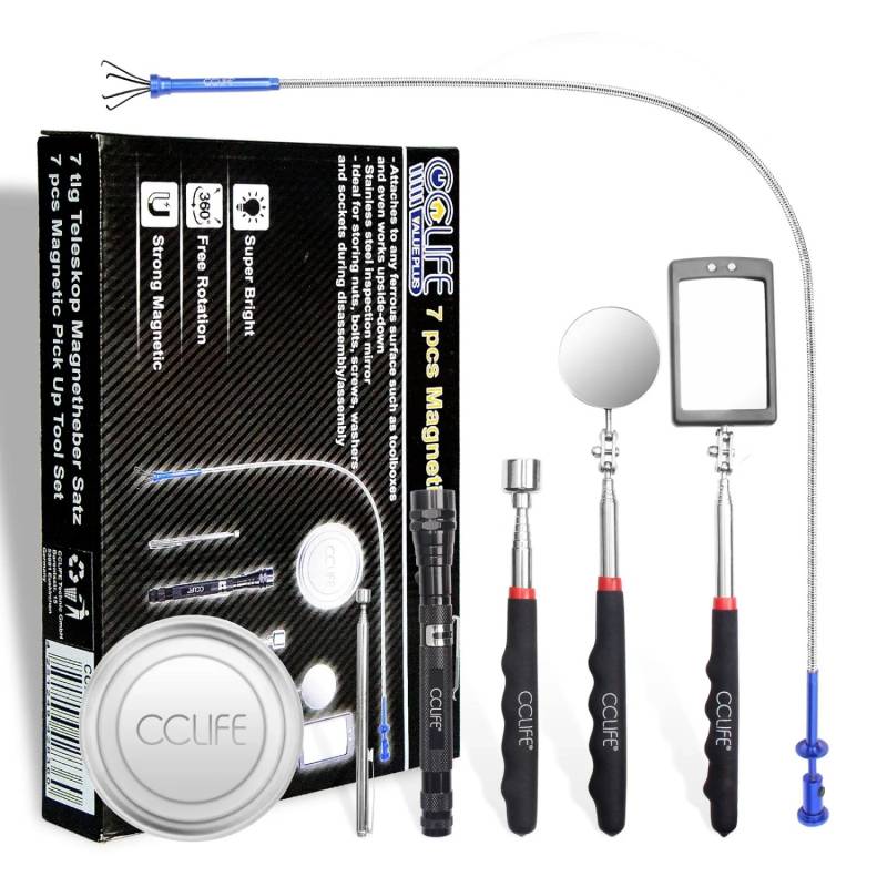 CCLIFE Pick Up Tool Set 7 tlg Magnet Teleskop Krallengerifer mit LED Spiegel von CCLIFE
