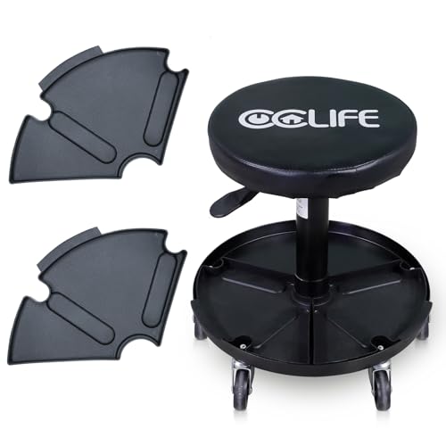 CCLIFE Werkstatthocker Mit Rollen Höhenverstellbar Werkstattstuhl Werkstatt Rollhocker 380-500 mm 150kg, mit 2 abnehmbaren schwarz Kunststoffteilen von CCLIFE