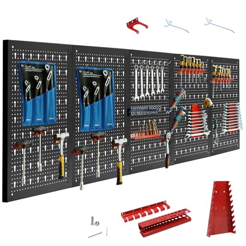 CCLIFE Werkzeugwand Lochwand Inkl.66-Teiligem Metall Werkzeuglochwand Vier Teile 200 x 60 x 2 cm Erweiterbar Zubehör Wandregal Werkzeugaufbewahrung Schwarz von CCLIFE