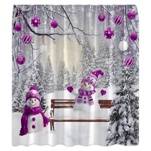 Duschvorhang für den Winter, Weihnachten, niedlicher Schneemann, Schneeflocken-Szene, violett, mit Kugel, Wald, Kiefernbaum, bedeckt, Schnee, Bauernhaus, Urlaub, Badezimmer, Vorhänge, Dekoration mit Duschvorhang für den Winter, Weihnachten, niedlicher Schneemann, Schneeflocken-Szene, violett, mit Kugel, Wald, Kiefernbaum, bedeckt, Schnee, Bauernhaus, Urlaub, Badezimmer, Vorhänge, Dekoration mit von CCNSTMS
