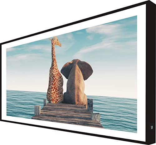 CCRETROILUMINADOS Bild mit Rahmen aus lackiertem Holz in Schwarz beleuchtet mit LEDs Giraffe neben Elefant von CCRETROILUMINADOS