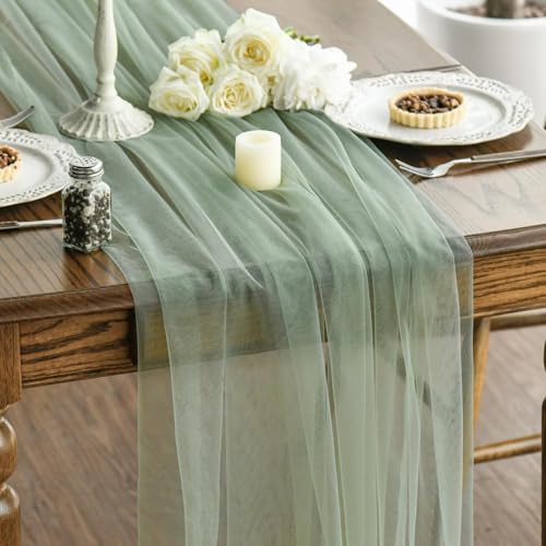 Chiffon Tischläufer,75 x 600 cm,Rosa,dünner Dekostoff Table Runner Hochzeit Tischdeko Tischband Tischdecke Dekorativ Stoff (Salbeigrün) von CCUUHJ