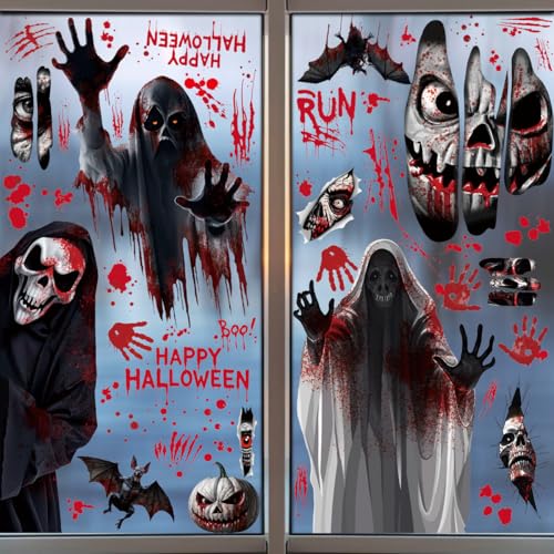 Halloween Fenster Deko Gruselig, Fensterbilder Set mit Blutigen Handabdrücken und Fledermäusen, 4 Blätter 30x20cm, Horror Party Dekoration für Innen, Außen, Türen (Mehrfarbig) von CCUUHJ