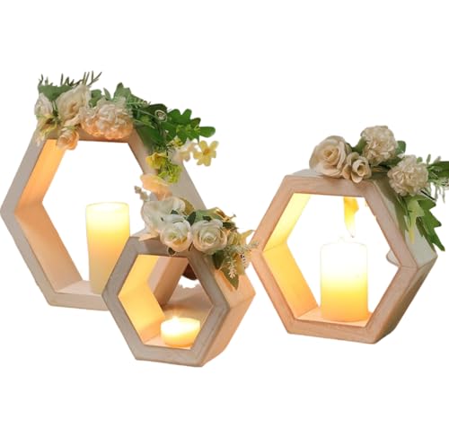 Hexagon Holz Wandregal Set, Weiß, 3 Größen, Holz-Hochzeitslaterne als Tischdekoration mit integrierten Halterungen Rustikale Holzkerzenlaterne als Dekoration (Weiß) von CCUUHJ