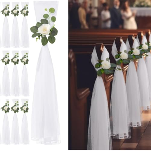 Hochzeitsgang-Dekorationen für die Zeremonie, 6er-Set, Stuhlbank-Blumen, Kirchendekorationen mit künstlichen weißen Rosen, Eukalyptuszweigen und Strasssteinen für Party-Bänke, Gang-Dekorationen (Weiß) Hochzeitsgang-Dekorationen für die Zeremonie, 6er-Set, Stuhlbank-Blumen, Kirchendekorationen mit künstlichen weißen Rosen, Eukalyptuszweigen und Strasssteinen für Party-Bänke, Gang-Dekorationen (Weiß) von CCUUHJ
