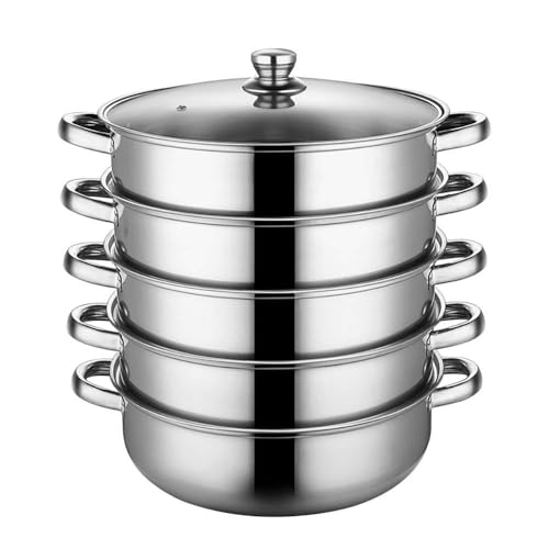 CCVVBFD Dampfgarer Topf, Mantowarka Induktion Dampfgarer 34cm, Dampfgarer Edelstahl Gemüsedämpfer mit 1 Pfanne und 4 Dämpfern, Induktion Kochtopf Dampfgarer Dampf Topf für Kochen,Silver-32cm von CCVVBFD