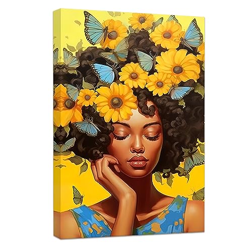 African American Canvas Wall Art Flowers Head Woman Pictures Black Girl Art Prints for Girl Bedroom Wall Decor Framed (Woman - 1, 40,6 x 61 cm) von CCWACPP