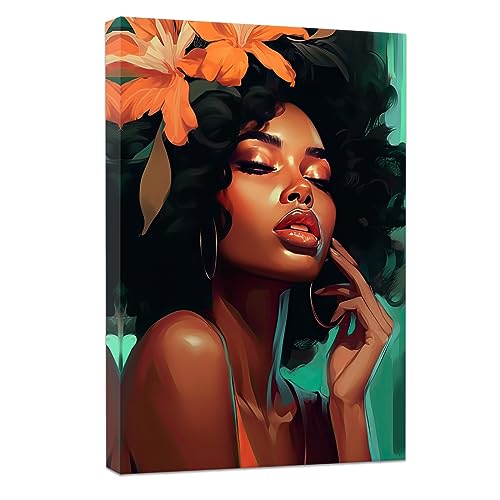 Afroamerikanische Leinwand-Kunst, Blumen, Kopf, Frau, Bilder, schwarzes Mädchen, Kunstdrucke für Mädchen, Schlafzimmer, Wanddekoration, gerahmt von CCWACPP