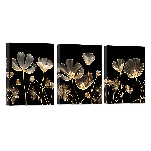 CCWACPP 3-teilige Wandkunst Blumen Schwarz und Gold Blumenbilder abstrakte braune Blumen Leinwanddrucke moderne Heimdekoration von CCWACPP