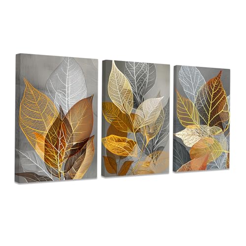 CCWACPP 3 teiliger Blatt Wanddruck abstrakte Bilder moderner Leinwanddruck Grau Weiß Gold Wanddekoration für Küche Schlafzimmer Wohnzimmer Büro Zuhause gerahmt (B (50x70cmx3)) von CCWACPP