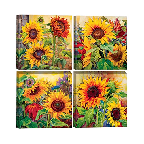 CCWACPP 4 Panels Sonnenblumen Leinwand Wanddrucke Badezimmer Wandbilder mit gelben Blumen Bauernhaus Küchen Wanddekoration 20x20 cm x 4 von CCWACPP