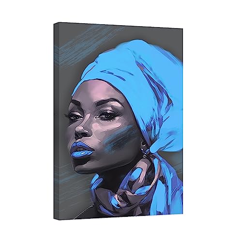CCWACPP African American Women Wall Art Black Woman Canvas Picture Blue Abstract Woman Painting Print for Living Room Bedroom Decor Frame (28x42inch) von CCWACPP