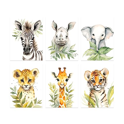 CCWACPP Baby Aquarell Tiere Wanddrucke Zebra Nashorn Elefant Leopard Giraffe Tiger Bilder Kinderzimmer Leinwand Wanddekoration kein Rahmen 30x45 cm x 6 von CCWACPP