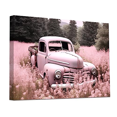 CCWACPP Bauernhaus Wandbilder rosa LKW und Blumen Leinwandgemälde altes Auto Drucke Wanddekoration Kunstwerk im Landhausstil 40x60 cm von CCWACPP