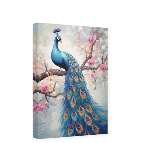 CCWACPP Blauer Pfau, Leinwand-Wandkunst, Tiergemälde, Druck, Vintage-Pfau- und Blumenbilder, moderne Kunstwerke, Schlafzimmerdekoration, Rahmen von CCWACPP