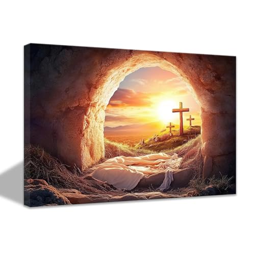 CCWACPP Christliches Osterwanddekor Leinwandgemälde „Jesus Auferstehung“ Bilder mit Sonnenaufgang und Kreuz Posterdrucke „Jesus leeres Grab“ mit Rahmen (30.00 x 45.00 cms) von CCWACPP