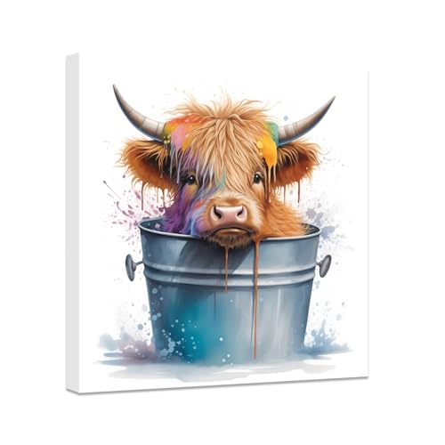 CCWACPP Highland Cow Badezimmer Wanddruck süßes Babyvieh im Eimer Poster auf Leinwand lustige Badetierbilder Kinderzimmer Bauernhaus Wanddekoration gerahmt (C (30.00 x 30.00 cms)) von CCWACPP