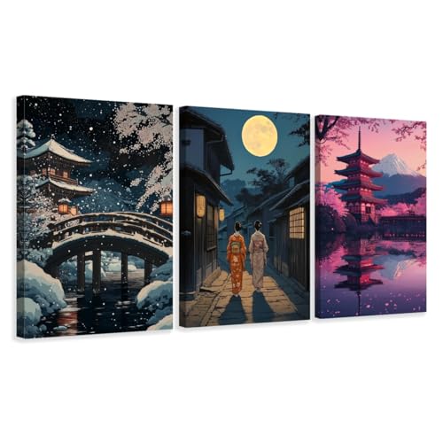 CCWACPP Japanische Wanddekoration 3er Set japanische Landschaftsbilder Geisha Leinwanddrucke japanische Kulturmalerei mit Rahmen (30x40cmx3) von CCWACPP