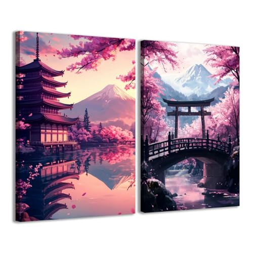 CCWACPP Japanische Wanddekoration2er SetRosa Kirschblüten BilderFuji GemäldeJapanische Landschafts LeinwanddruckeRosa Asiatische Wohndekoration gerahmt (28x35cmx2) von CCWACPP