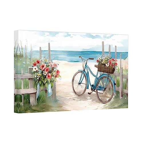 CCWACPP Küstenstrand Leinwand Wanddruck Küsten Fahrrad und Blumen Wandbilder abstrakte Meereslandschaftsmalerei für Badezimmer Zuhause Schlafzimmer 50x75 cm von CCWACPP