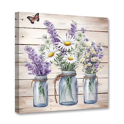 CCWACPP Lavendel Gänseblümchen Blumen Leinwanddruck rustikales Blumengemälde Schmetterlings Wandbilder Landhausstil Badezimmer Wanddekoration 40x40 cm von CCWACPP