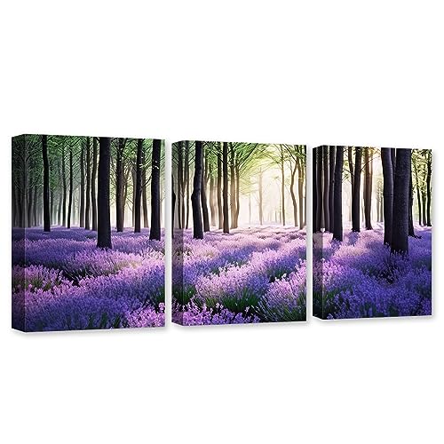 CCWACPP Leinwandbild, Lavendel, 3 Paneele, Blumenbild, Wanddekoration, Lavendelblume und Wald, Malerei, Druck, Schlafzimmer, Dekorrahmen (Lavendel, 28 x 35 x 3 Stück) von CCWACPP