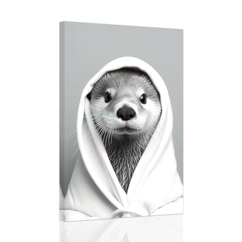 CCWACPP Lustige Badezimmer Leinwanddrucke süßer Otter im Bademantel Poster schwarz weiße Tier Badezimmerbilder Wanddekoration für Toilette Toilette gerahmt (40.00 x 60.00 cms) von CCWACPP