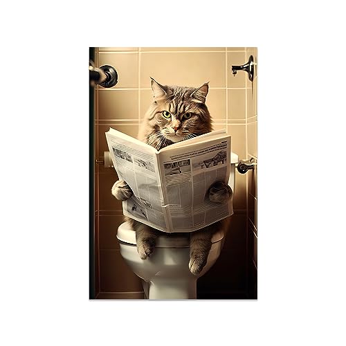 CCWACPP Lustige Badezimmer-Leinwandkunst, Katze, sitzend in der Toilette, Zeitung, Malerei, Drucke, Toilette, Badezimmer, Tiere, Wanddekoration (ungerahmt – Katze, 50,8 x 76,2 cm) von CCWACPP