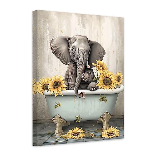 CCWACPP Lustiges Badezimmer Wandbild Elefant und Sonnenblume in der Badewanne Leinwanddruck Badezimmer Tiergemälde Toiletten Wanddekoration 50x75 cm von CCWACPP