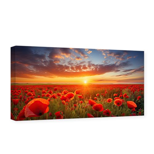 CCWACPP Mohnblumen-Bilder, Wanddekoration, rote Blumen-Leinwand-Kunst, Mohnblumen, Blumenfeld, Sonnenuntergang, Gemälde, Druck, Heimdekoration, Rahmen von CCWACPP