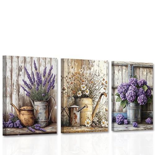 CCWACPP Rustikales Blumen-Wandbild auf Leinwand Bauernhaus-Blumen-Wanddekoration 3 Paneele Gänseblümchen Lavendel Hortensien Bilder Vintage-Blumendrucke gerahmt (28x35cmx3) von CCWACPP
