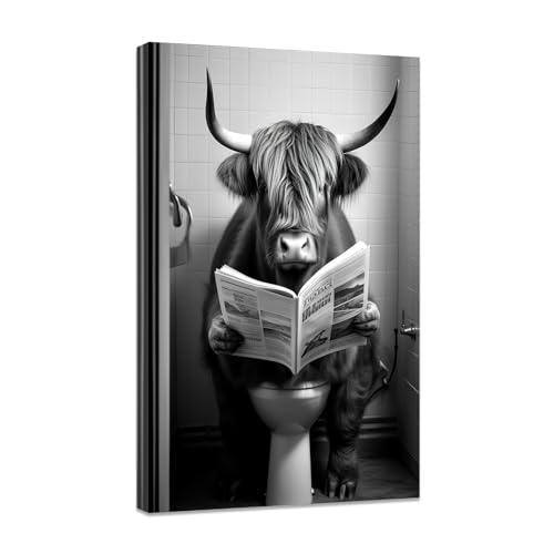 CCWACPP Schwarz weiße Kuh Badezimmer Wanddekoration Hochlandkuh mit Zeitung lesend auf der Toilette Poster lustiger Rinder Leinwanddruck Badetierbilder gerahmt (A (30.00 x 45.00 cms)) von CCWACPP