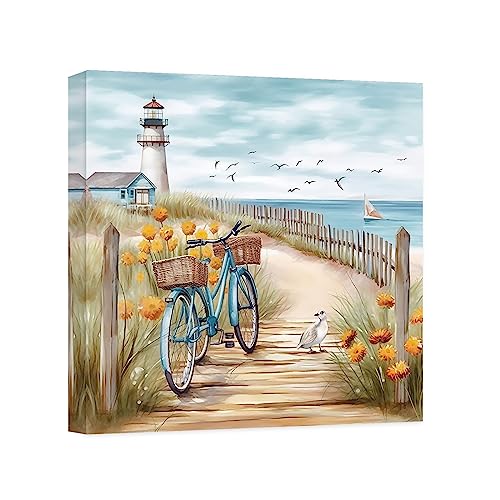 CCWACPP Strand Leinwand Wandbilder Küsten Leuchtturm und Möwe Fahrrad Drucke Ozean Meereslandschaft blaues Gemälde für Strand Themenzimmer Heimdekoration 60x60 cm von CCWACPP