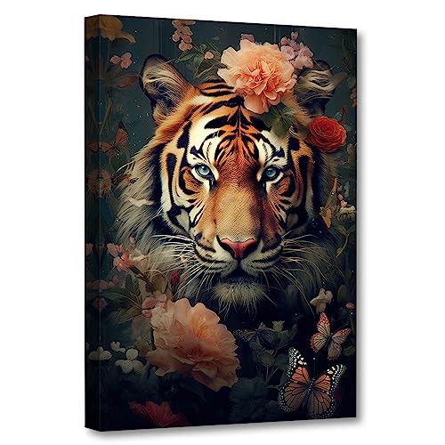 CCWACPP Tierbild Wanddekoration abstrakter Tiger Leinwand Wanddruck Tiger und bunte Blumenmalerei moderne Wohnzimmerdekoration 40x60 cm von CCWACPP