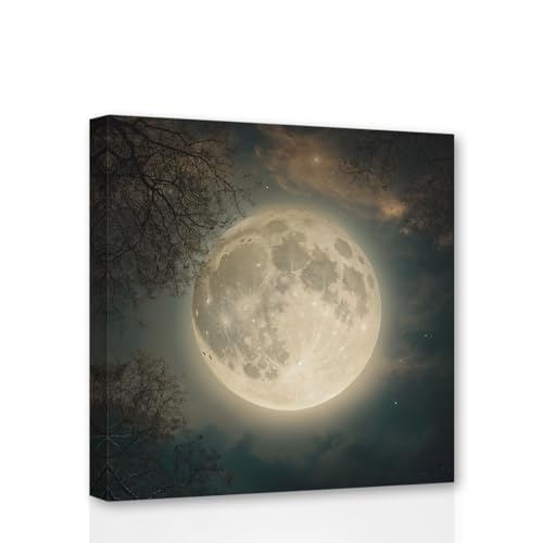 CCWACPP Vollmond-Leinwand-Kunst, Mond und Baum Sternenhimmel Bilder Druck Wohnzimmer-Dekor Rahmen (Mond - 2, 45.00 x 45.00 cms) von CCWACPP